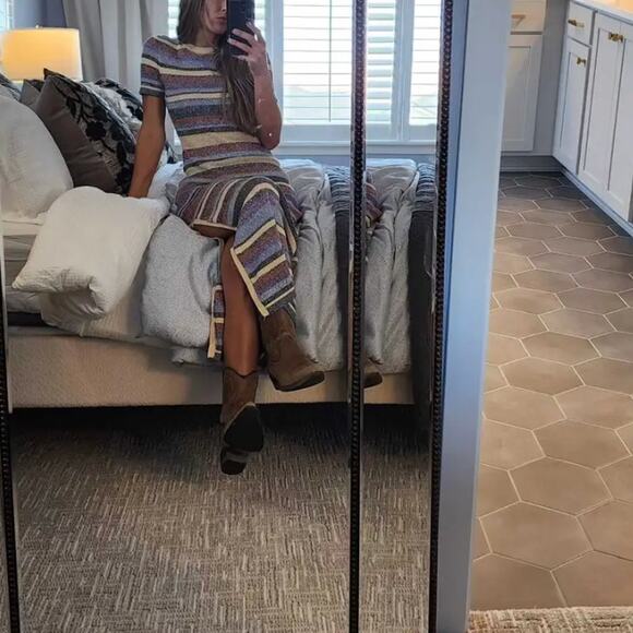 BA&SH Striped Crochet Knit Midi Dress MEDIUM Tshirt Daytime Cotton Designer $375 - Picture 7 of 15